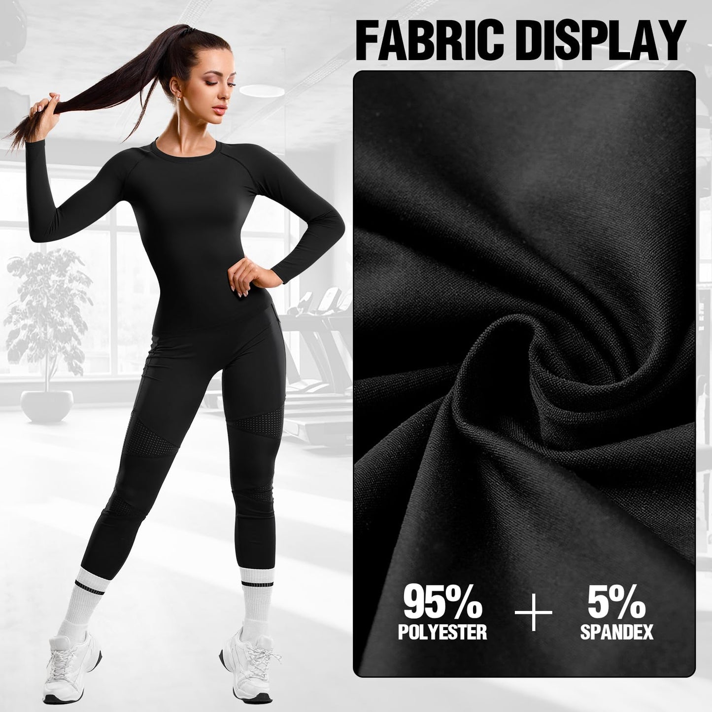 Simlakey 5 Pack Women's Compression Shirt Long Sleeve Workout Shirts Quick Dry Fitted Athletic Tops Gym Yoga Running(Black,L)