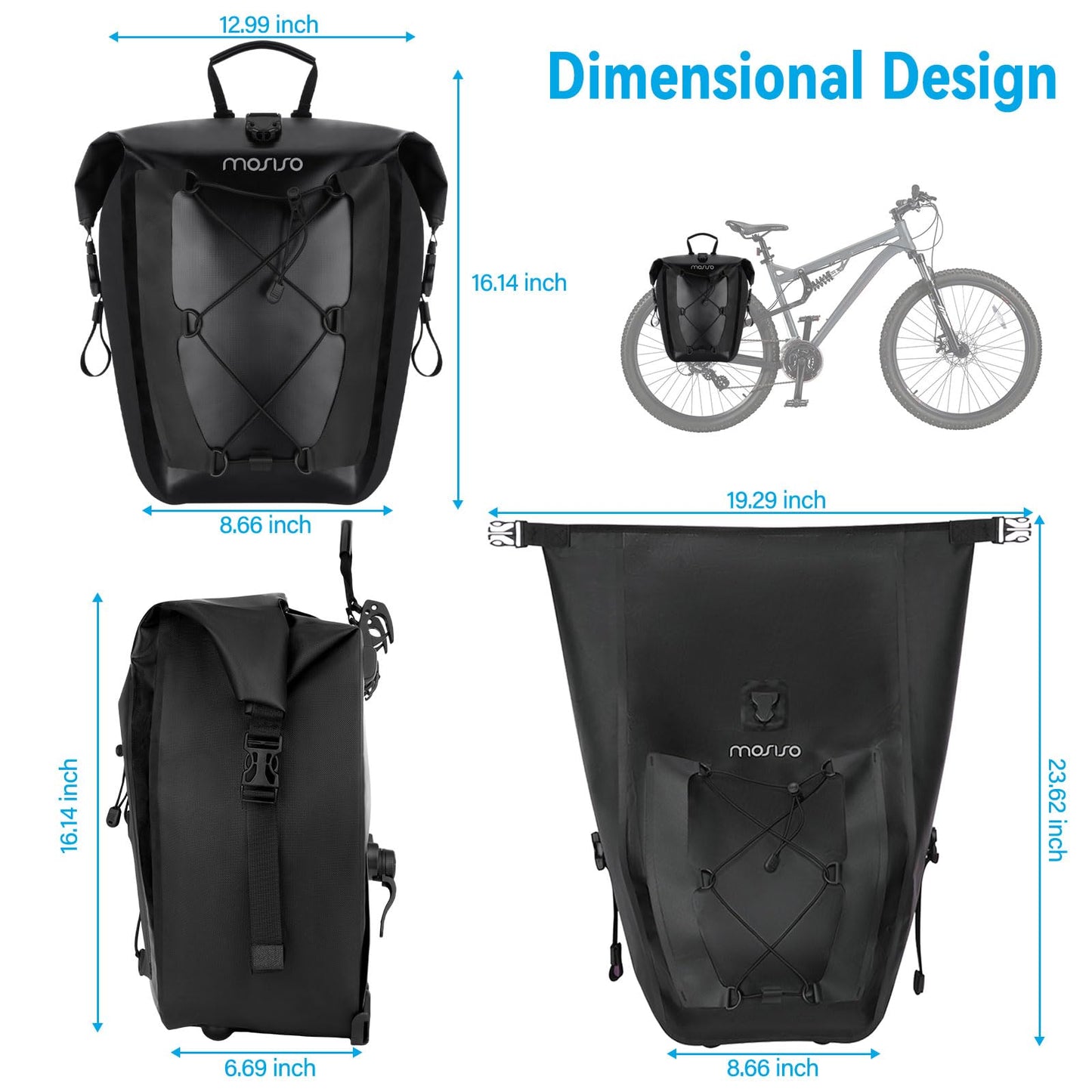 MOSISO 25L Bike Panniers, 2 Pack Waterproof Panniers Bike Bag, Bike Rear Rack Seat Bag with Elastic Cord, Bicycle Luggage Storage Trunk Pouch for Road Mountain Cycling Traveling Commuting, Black