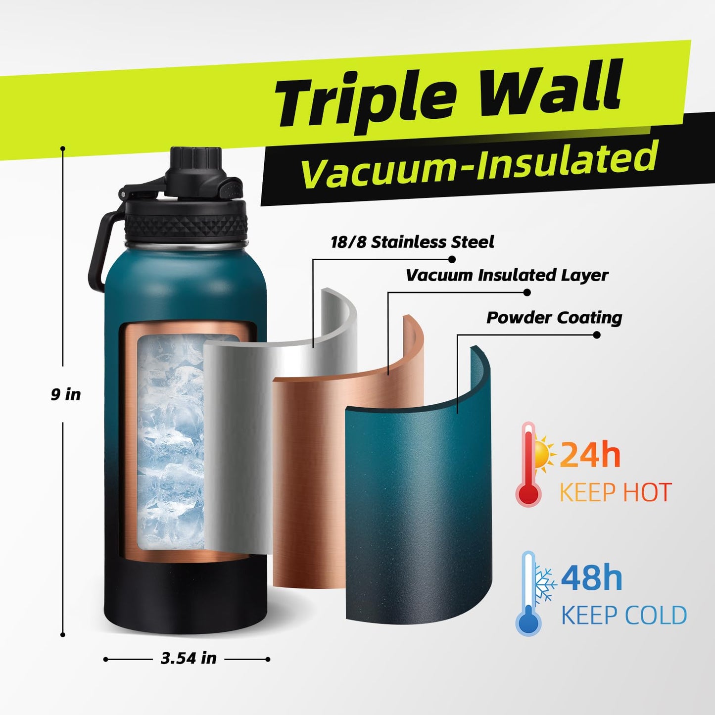 32oz 40oz 64oz Water Bottle - with Straw & Auto Spout Lids, Carrier Bag & Paracord Handle, Stainless Steel Water Bottles 32 OZ Thermal Flask for Sport Work Travel, Cold-48Hrs Hot-24Hrs