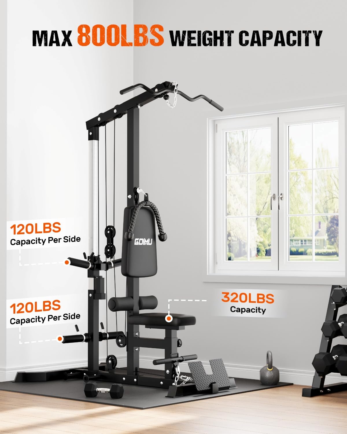 GOIMU LS01 LAT Pulldown Machine, LAT Row Cable Machine with AB Crunch, LAT Tower with Cable Row Attachments, 3 in 1 Pulley Stations for Home Gym