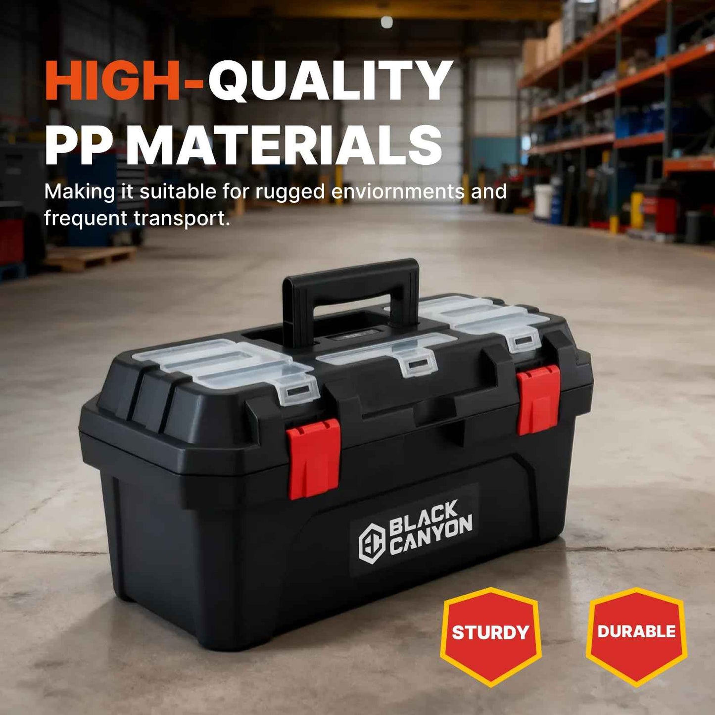 Black Canyon 17 Inch Plastic Tool Box, Support up to 44 lbs, w/Handle, Polypropylene, Dual-Layer Design, Flexible for Stacking, Top-Lid Storage, Ideal for DIY, Workshop, Job Site Organization