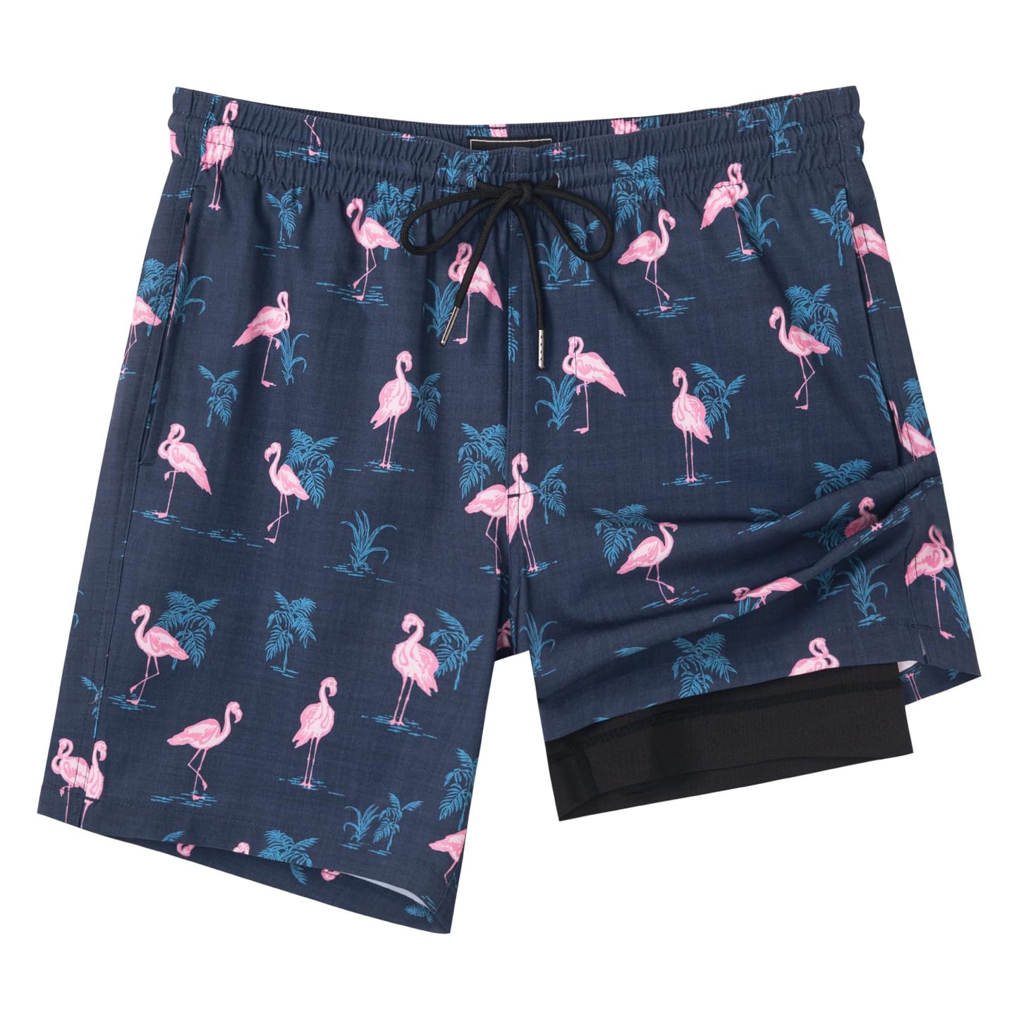 SURF CUZ Mens Swim Trunks with Compression Liner Quick Dry Swim Shorts 7" Swimming Trunks Stretch Bathing Suit Zipper Pockets,Flamingo-Black,M