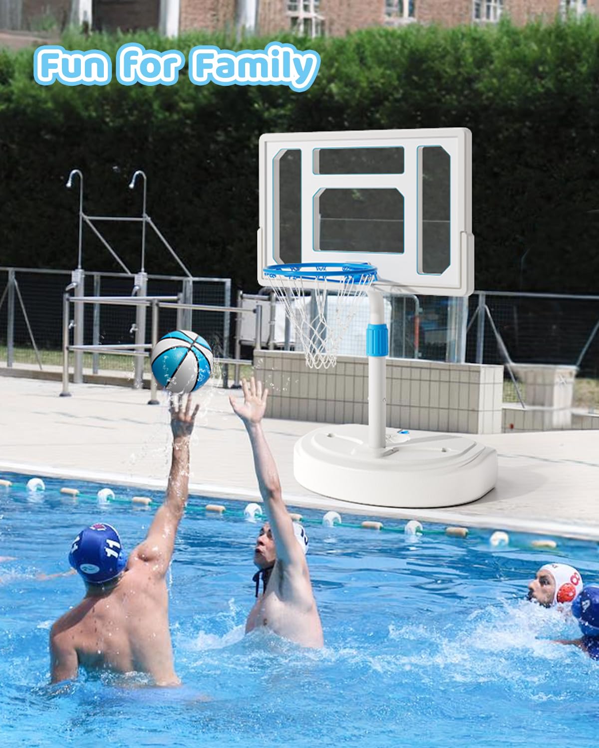 Swimming Pool Basketball Hoop, Stainless Steel Adjustable Poolside Basketball Goals System with 32 Inch Shatterproof Backboard, 2 Balls & Pump Included