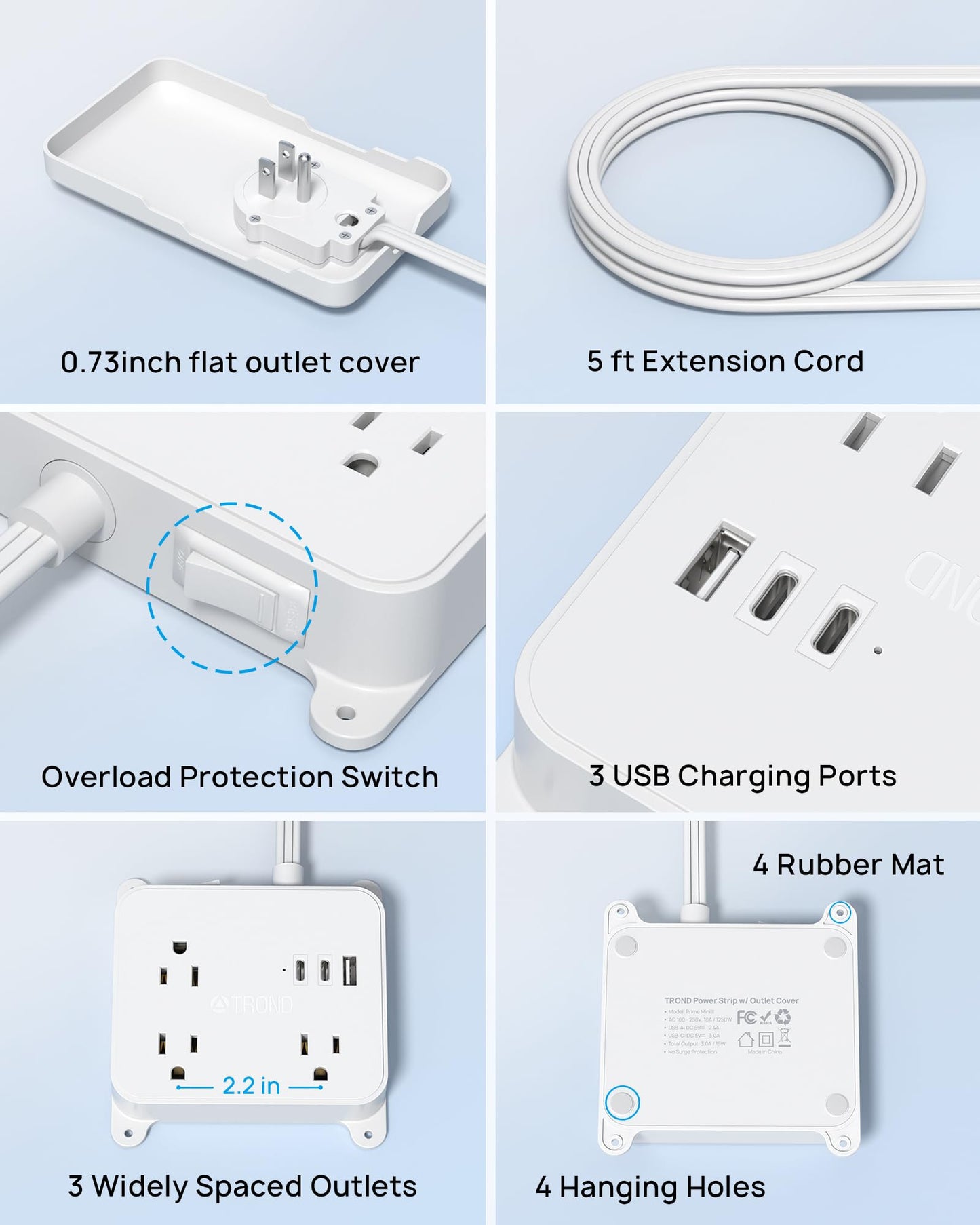 TROND Flat Power Strip with Outlet Cover, 3 AC Widely Spaced Wall USB Plug Extender, 5FT Extendable Outlet Extension Cord, Wall Mount Behind TV, Hidden Under in-Drawer Desk Cabinet Vanity Counter