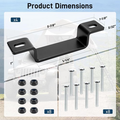 JERBOR 4pcs Roof Top Tent Mounting Clamp for Jeep, 3-1/4" x 1" U Bracket Rustproof Carbon Steel Roof Rack Mount, Sturdy Rooftop Tent Accessories for Jeep