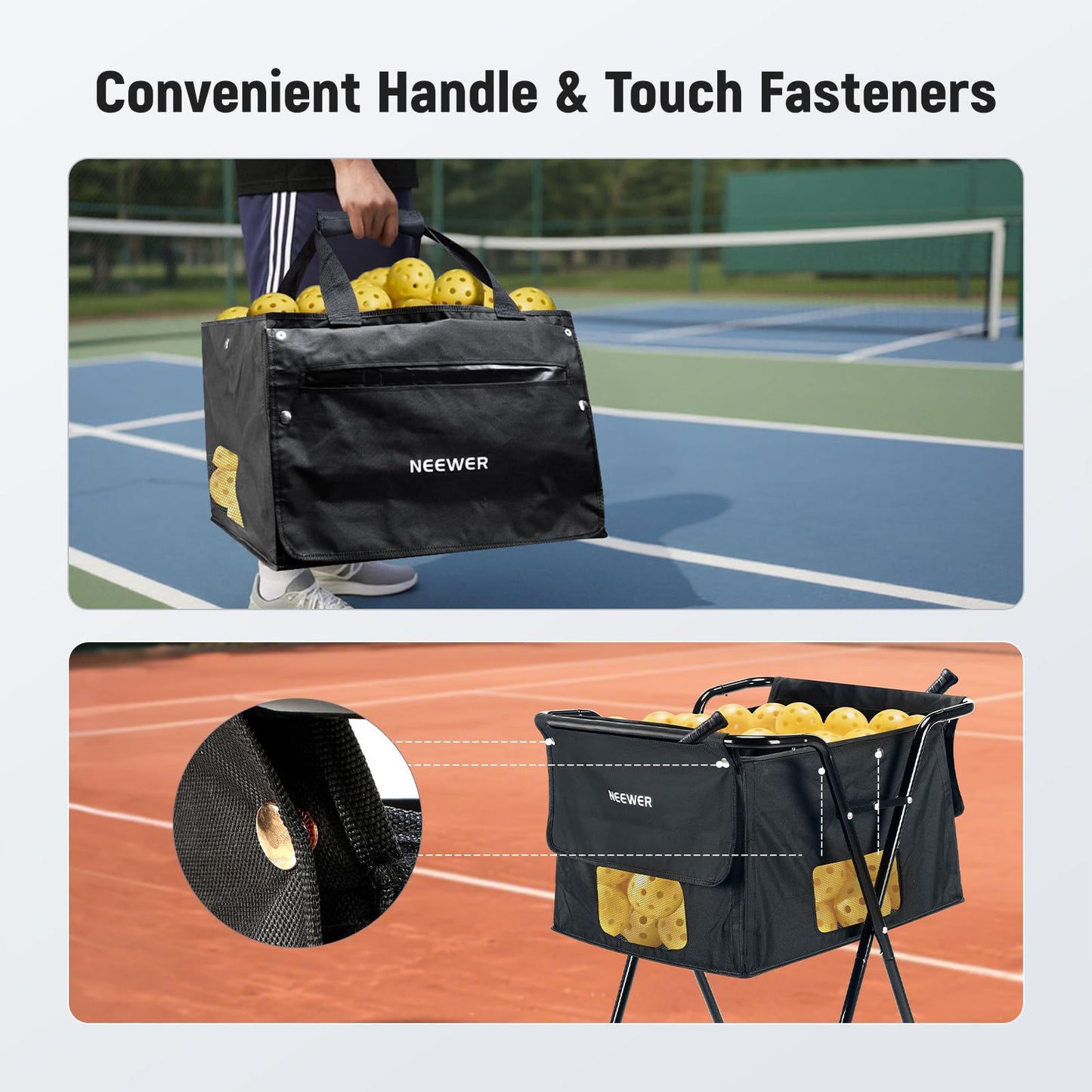 NEEWER Tennis Ball Hopper Pickleball Caddy with Wheels, Rolling Collector Basket Cart Holder for 140 Pickleballs 175 Tennis Balls Pickup Tennis Court Equipment Accessory for Training Teaching, PB01X
