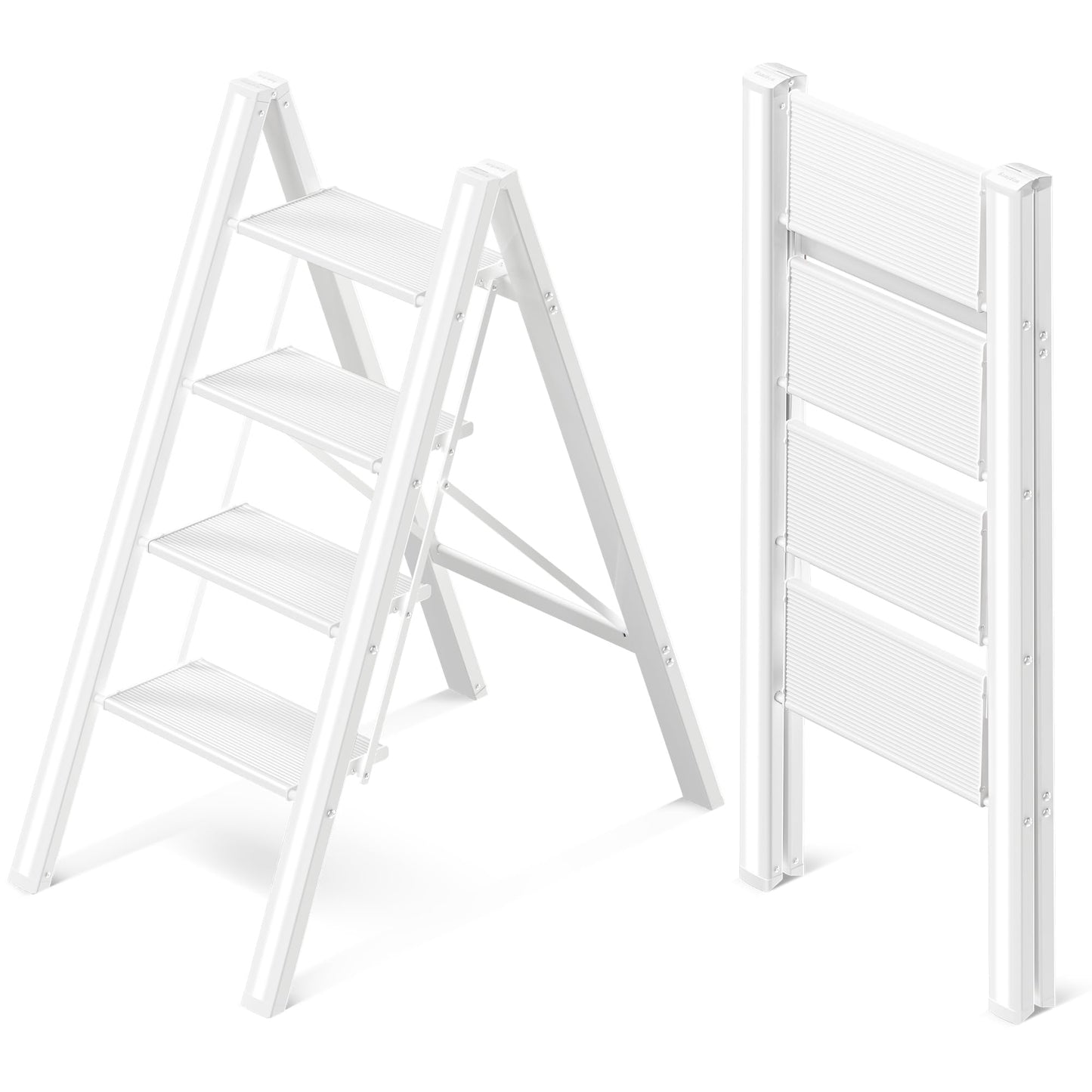 GameGem 4 Step Ladder, Aluminum Folding Step Stool with Anti-Slip Sturdy and Wide Pedal, Lightweight Portable Stepladder for Home and Kitchen Use, Cream White, 330 lbs