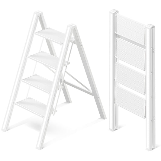 GameGem 4 Step Ladder, Aluminum Folding Step Stool with Anti-Slip Sturdy and Wide Pedal, Lightweight Portable Stepladder for Home and Kitchen Use, Cream White, 330 lbs