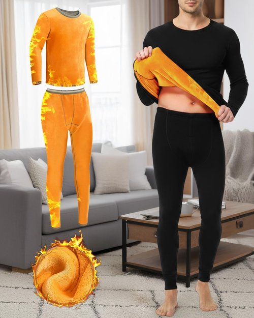 Patelai 2 Pack Mens Thermal Underwear Set Fleece Lined Underwear Shirt and Pants Set Base Layer Top and Bottom Cold Weather(Black/light Gray,Small)