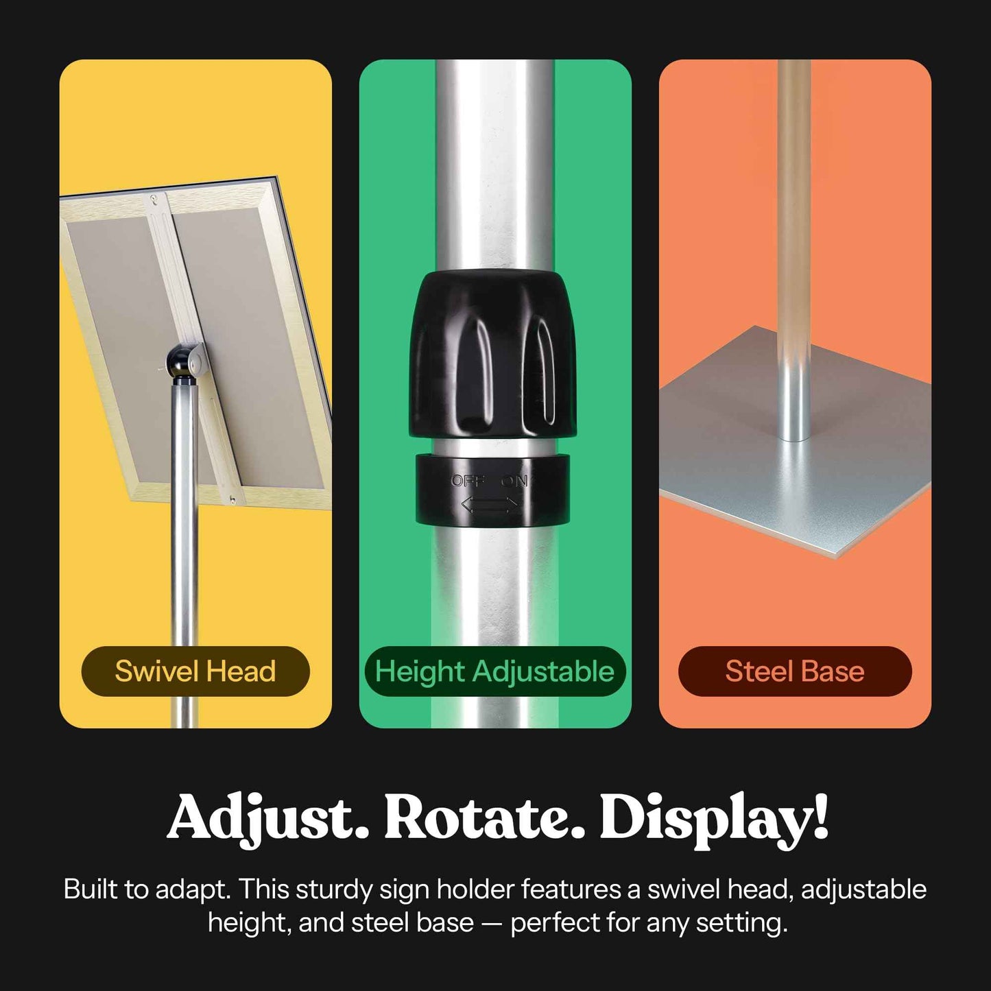 Adjustable Heavy Duty Pedestal Sign Holder Poster Stand - 8.5x11 Inch Vertical & Horizontal Sign Stand Displayed Poster Holder, Square Base Sign Stands for Display, Advertisement & Outdoor Sign Holder