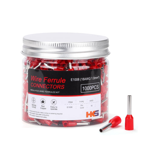 HKS 1000PCS Wire Ferrule Connectors - AWG 18-1.0mm² Copper Barrel Pin Cord Ends Insulated Ferrules Terminals - E1008 Red