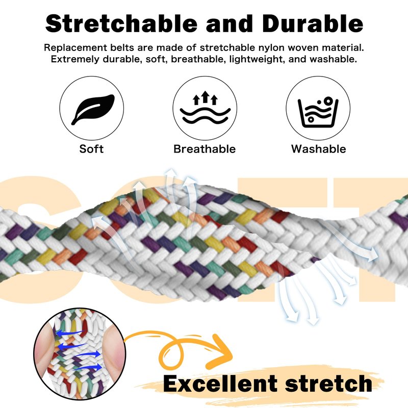 MokaZii Magnetic Braided Compatible with Fitbit Versa 4/3/Sense 2 /Sense for Men Women, Nylon adjustable Breathable Replacement Stretchy Elastic Sport Strap for Fitbit Versa 4/3/sense - White Rainbow