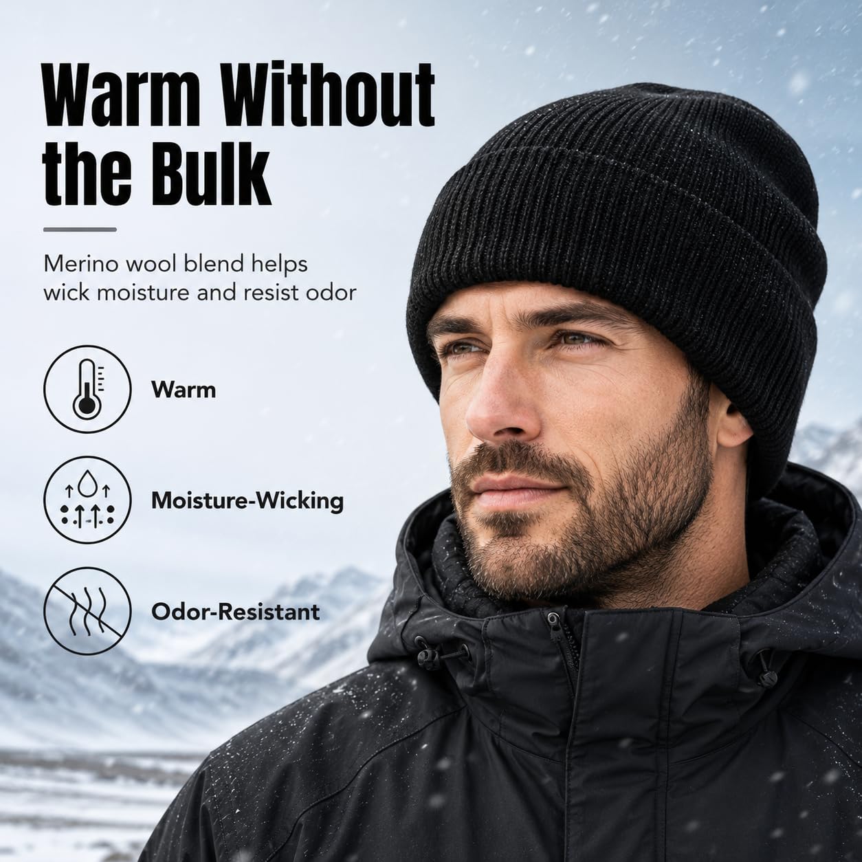 Plus Size Fleece Lined Beanie Hat - M/L/XL/XXL Merino Wool Beanie Hat for Men - Large Winter Hat Ski Skull Cap for Big Heads Black