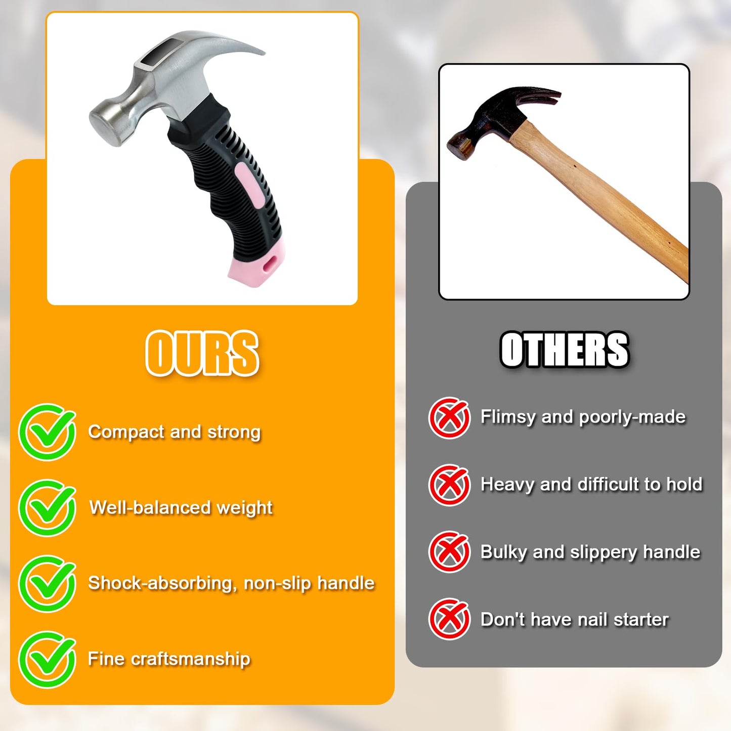 KURUI Pink Small Hammer for Picture Hanging Nails Drywall Anchors, Picture Hanging Tool, High Hardness 8oz Claw Hammer With Shock-Absorbing Non-Slip Handle for Kids and Women