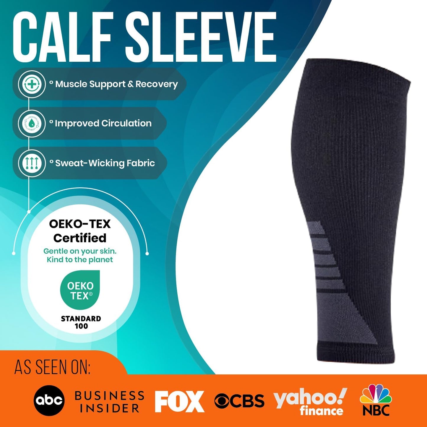 PhysFlex Calf Compression Sleeves - Footless Support Socks for Varicose Veins & Pain Relief | Black, Medium (1 Pair)