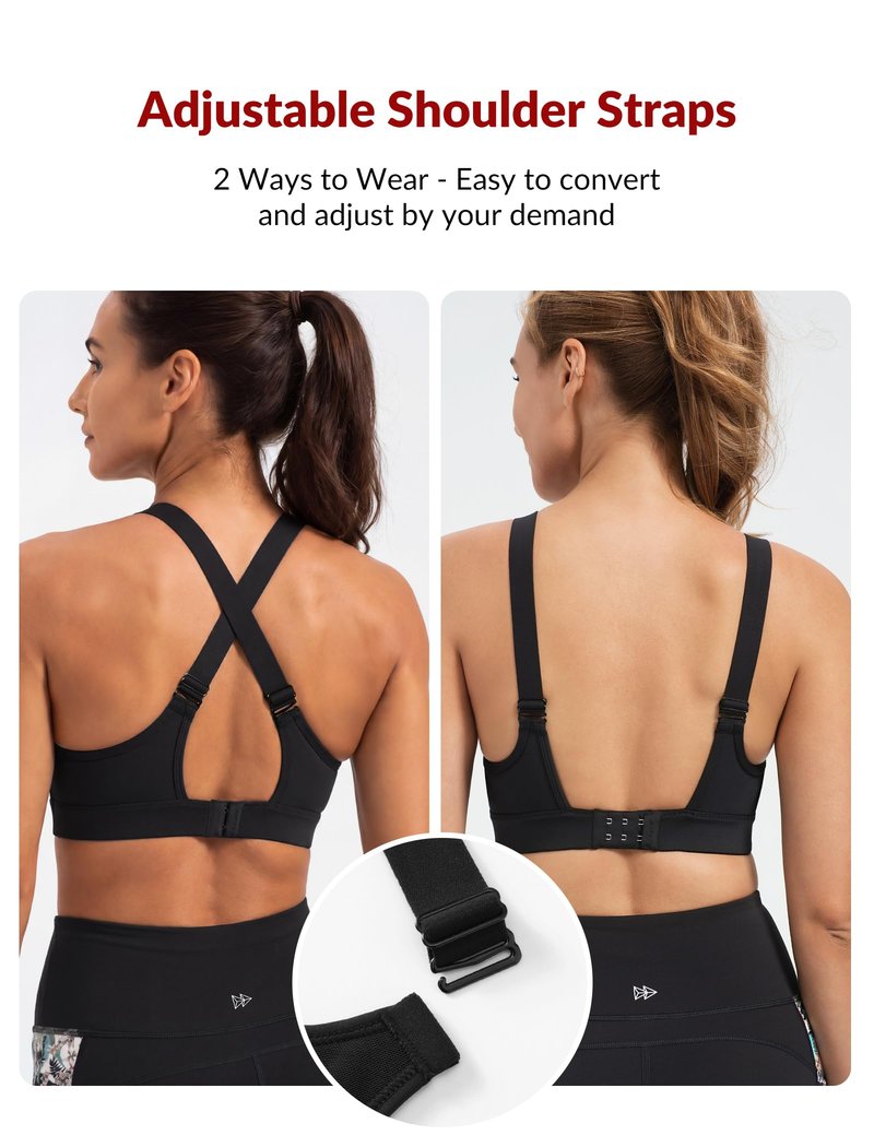 Yvette Supportive Sports Bra Adjustable Straps Plus Size Workout Running High Impact Sports Bras for Women Sewn in Pads,Black,M+