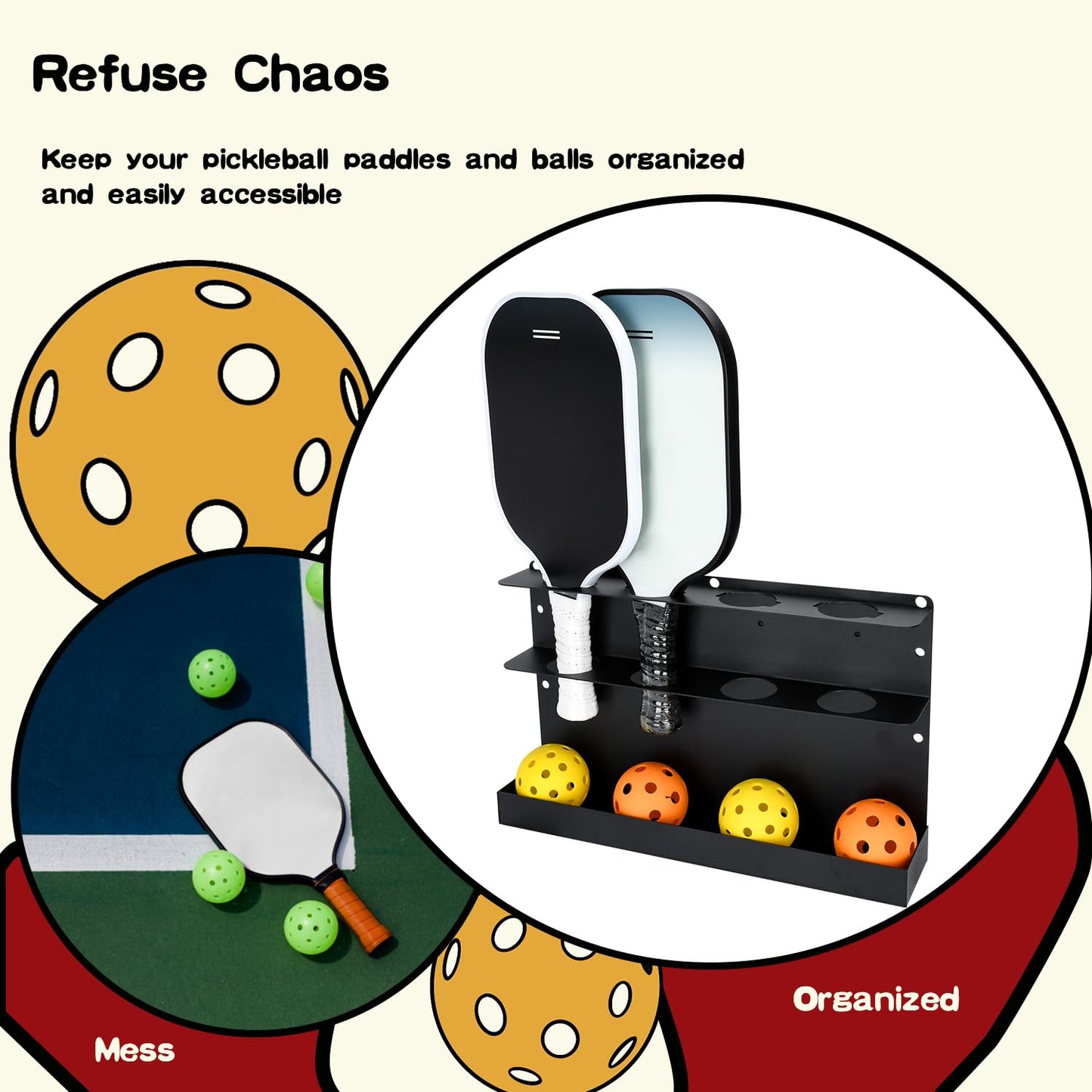 TOPOWN Pickleball Paddle & Ball Rack - Heavy-Duty Steel, Holds 4 Paddles & 4 Balls, Fence & Wall Mount