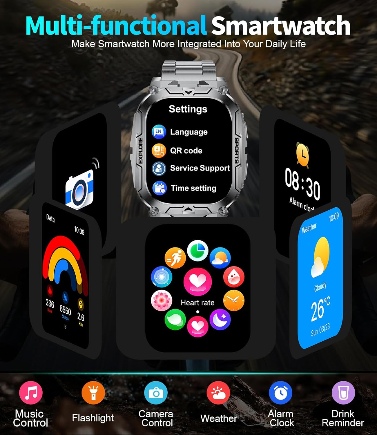 TX12 Smart Watch - Military Fitness Tracker with 100+ Sports Modes | 2.01'' HD Display, IP68 Waterproof, Black