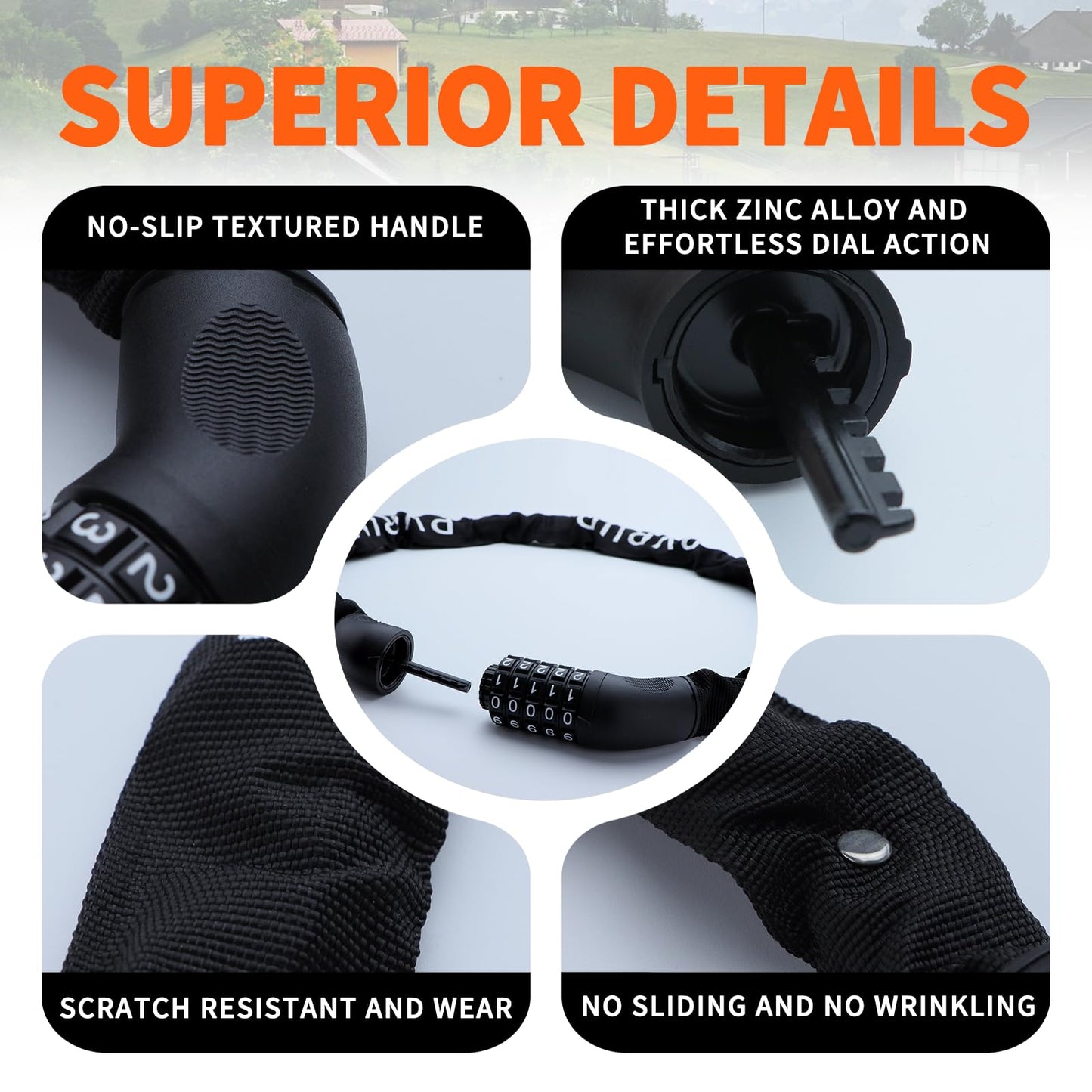 Pvrud Bike Chain Lock, 5 Digit Combination Heavy Duty Anti Theft 3.9Ft Bicycle Chain Lock,6mm Thick High Hardness keyless Bike Lock for Bike,Scooter,Motorcycle,Door, Gate