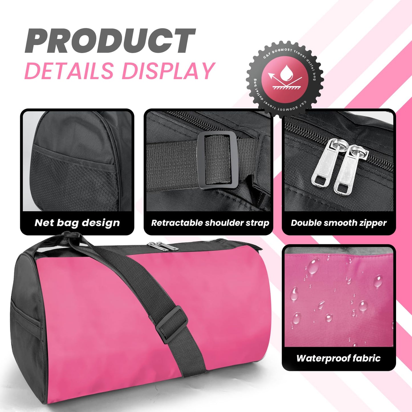 C&F BOGMOST Small Travel Duffel Bag Foldable Waterproof Gym Bag for Gym Beach Swim Bag Men Women Duffle Bag Lightweight Oxford Cloth Sports Bag-Pink