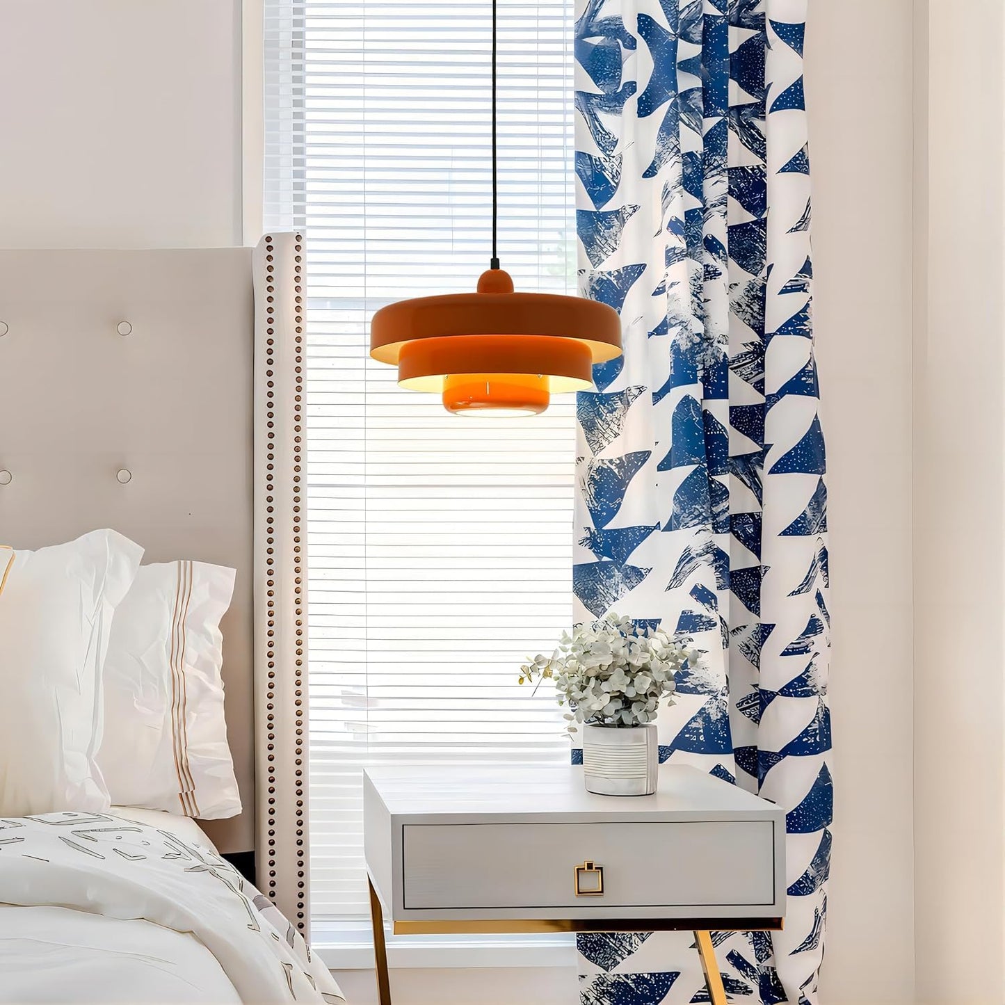 FCTWAKS Mid Century Pendant Light Fixtures 13.78 inch, 1 - Light Ceiling Pendant Lamp with 3-Layer Metal Shade, Height Adjustable, Vintage Orange Hanging Lamp for Kitchen Island Lighting,Dining Room