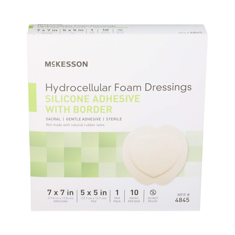 McKesson Hydrocellular Foam Dressings, Sterile, Silicone Adhesive with Border, Dimension 7 in x 7 in, Pad 5 in x 5 in, 10 Count, 1 Pack