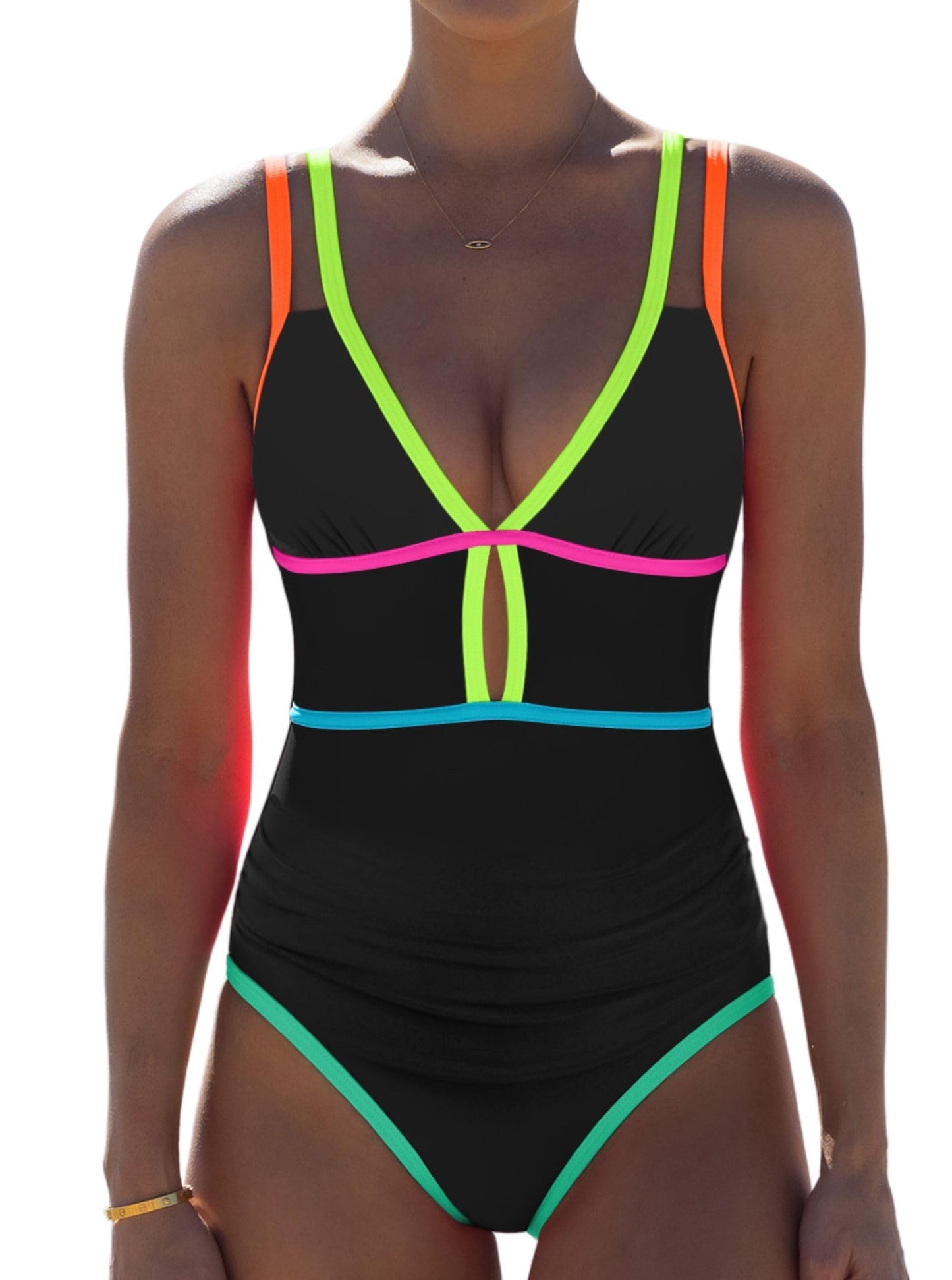 popvil Women One Piece Swimsuit 2026 Tummy Control Sexy Cutout Neon Color Block Bathing Suit Slimming Adjustable Swimwear, Black Medium