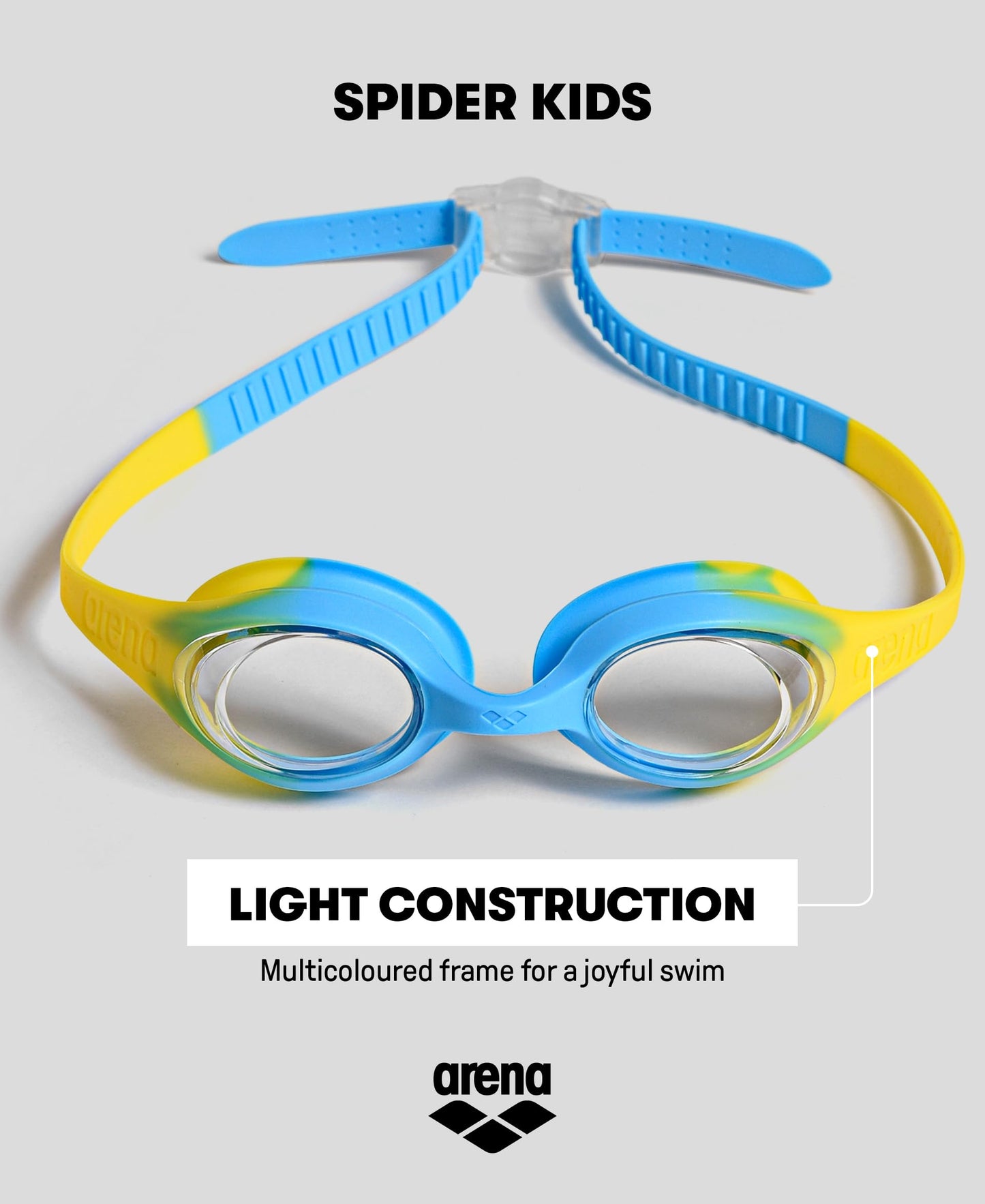 ARENA Unisex Spider Kids Swim Goggles for Boys and Girls Ages 2 to 5, Anti-Fog Non-Mirror Lens, Easy to Use Strap No Leak Goggle, Clear/Yellow/Lightblue