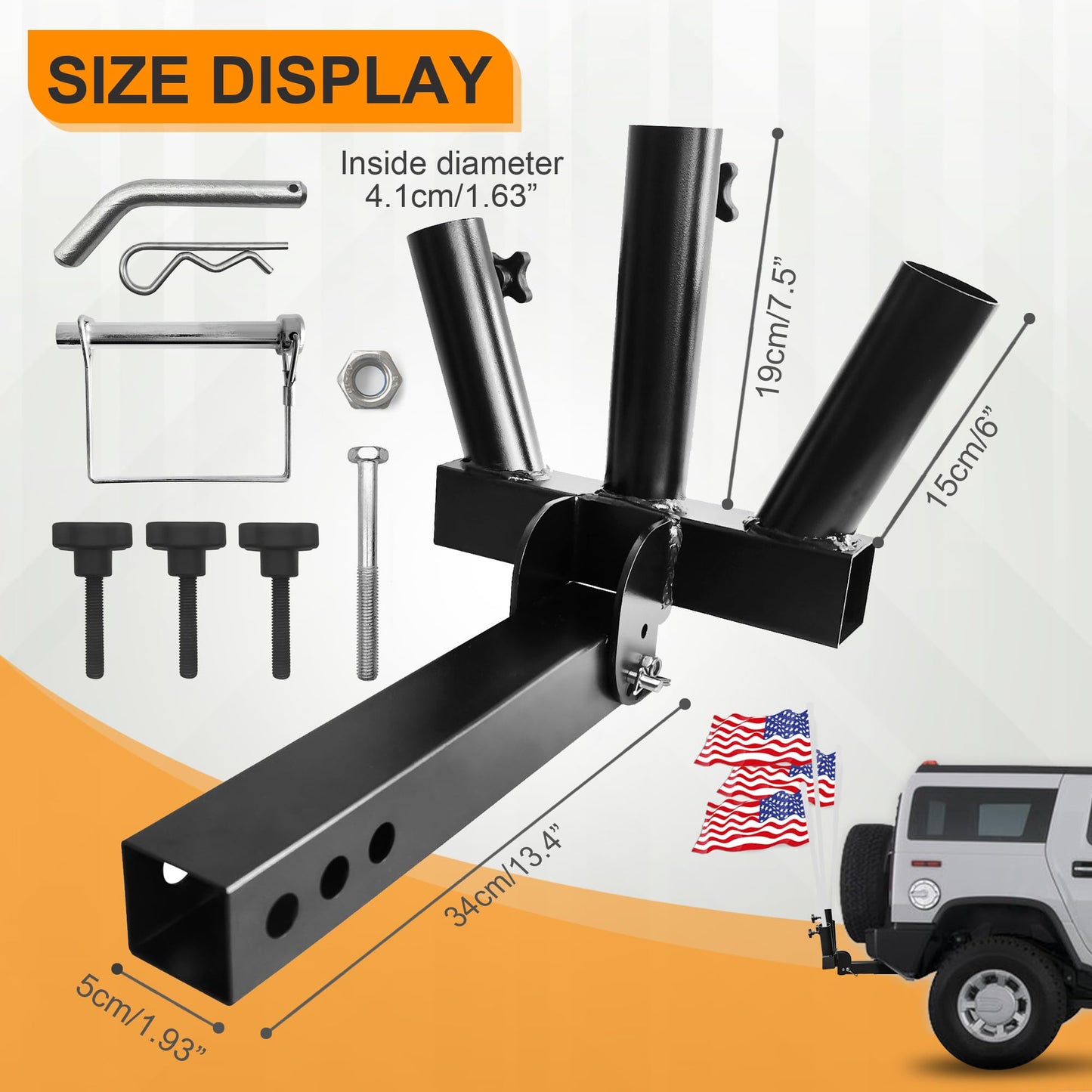 KAIRAY Foldable Hitch Mount 3 Flag Pole Holder Three-Headed flagpole Universal for Standard 2 inch Receiver fit for SUV RV Pickup