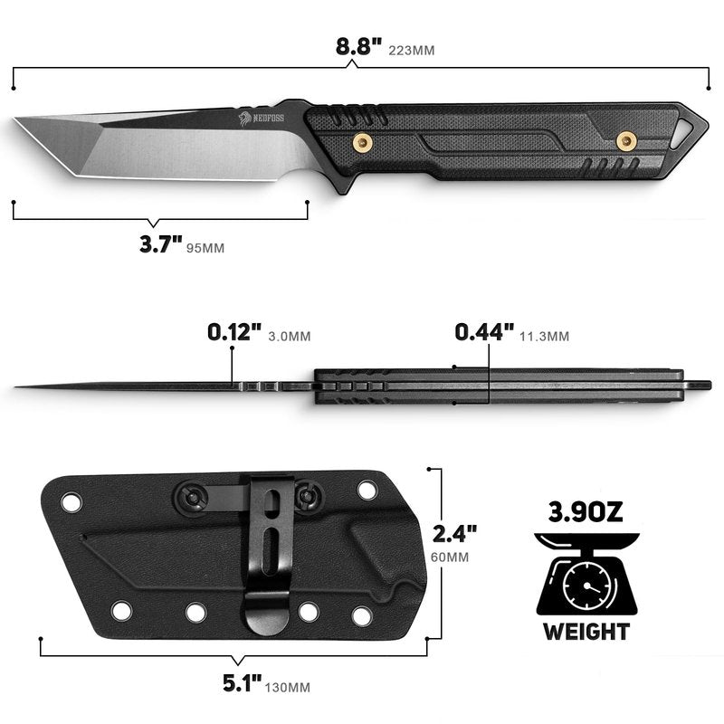 NedFoss EDC Fixed Blade Knife with Sheath, 3.7" AUS-8 Steel Tanto Blade Tactical Knife with G10 Handle, Camping Fixed Blade Small EDC Knives for Hunting, Survival