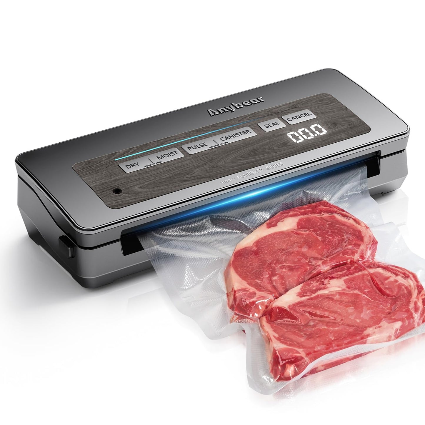 Anybear Vacuum Sealer Machine, 90kPa 120W Wide Seal All-IN-1 Powerful Food Storage, Build-in Cutter | Bags Storage | Digital Countdown Display | 2 Bag Rolls and 5pcs Pre-cut Bags (Gray)