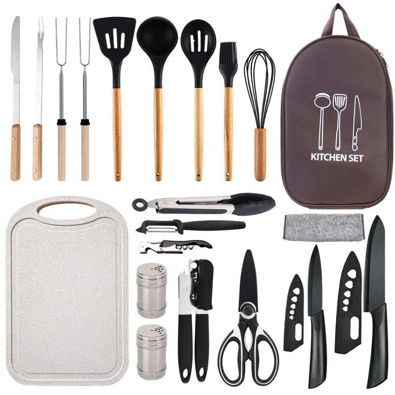 Pansyling Silicone Camping Cooking Set with Storage Bag, RV Camping Must Haves Car Camping Essentials Camper Accessories, Camping Kitchen Cooking Utensil for Picnic Hiking Travel