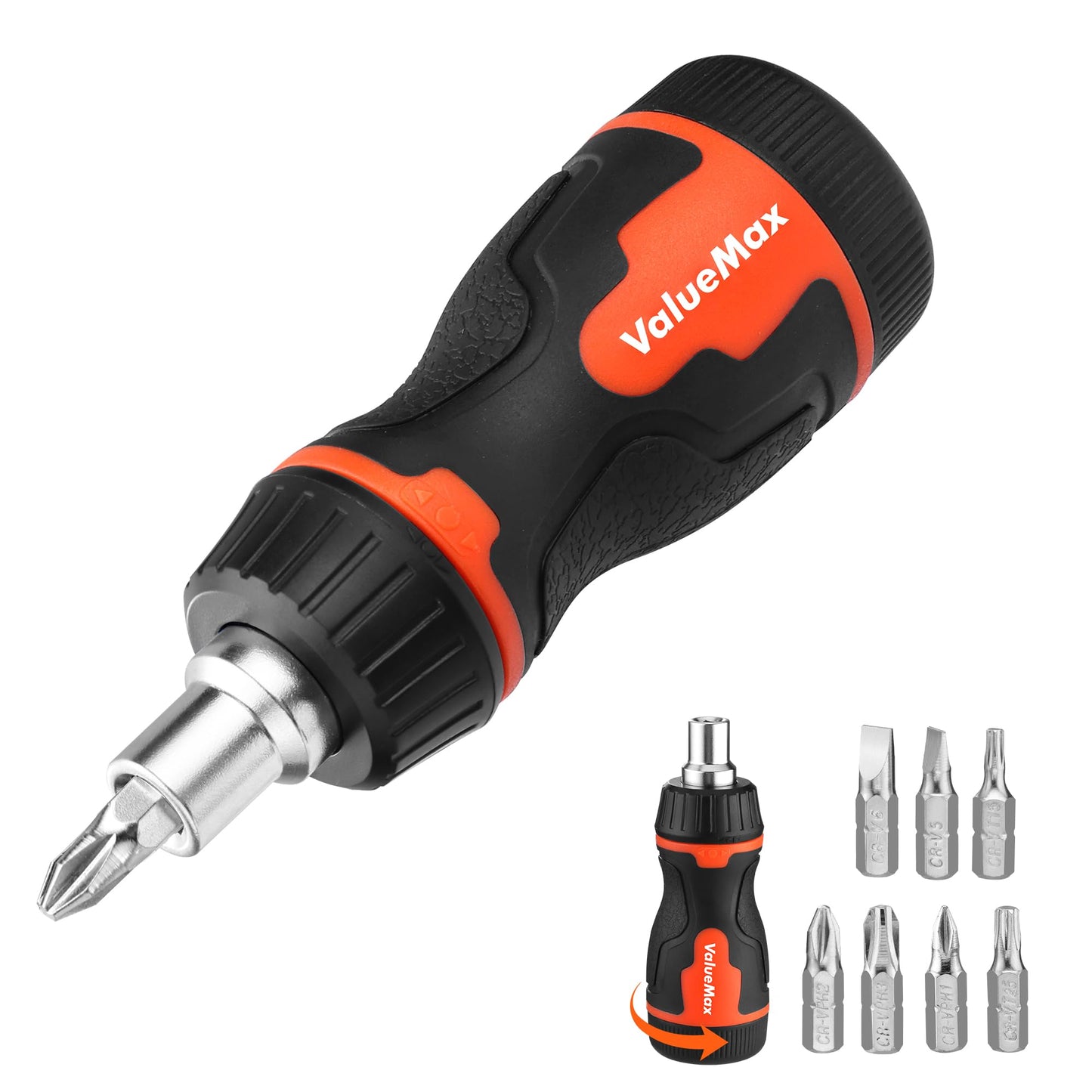 ValueMax 8-in-1 Stubby Ratcheting Screwdriver, Multi-bit Screwdriver, Quick-load Mechanism, Adjustable Magnetic Tool with Phillips, Slotted, Torx Screw Driver Bits and 1/4" Nut Driver
