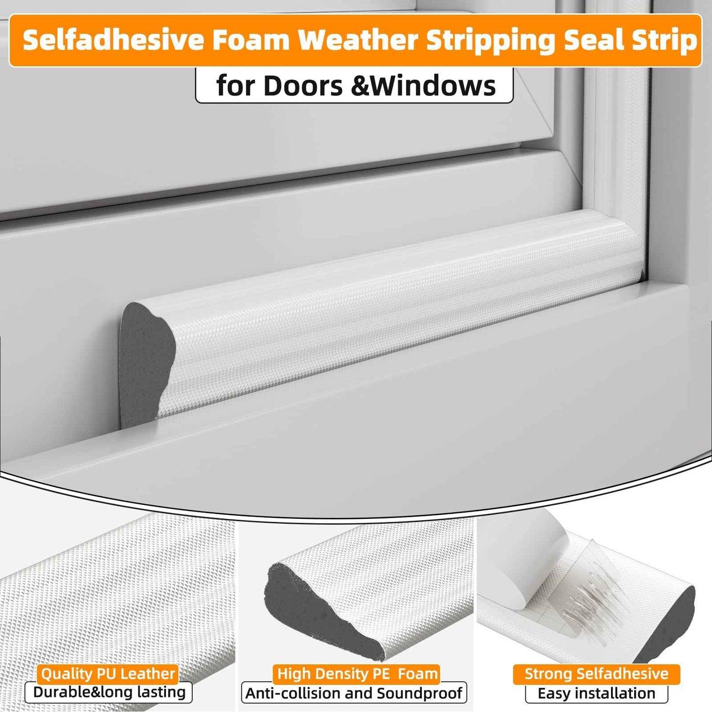 2 Pack*16.4 Ft Self-Adhesive Wedge Foam Window Weather Stripping Door Seal Strip, Soundproof Exterior Front Door Frame Gap Filler, Draft Stopper Foam Tape Noise Light Blocker (White)