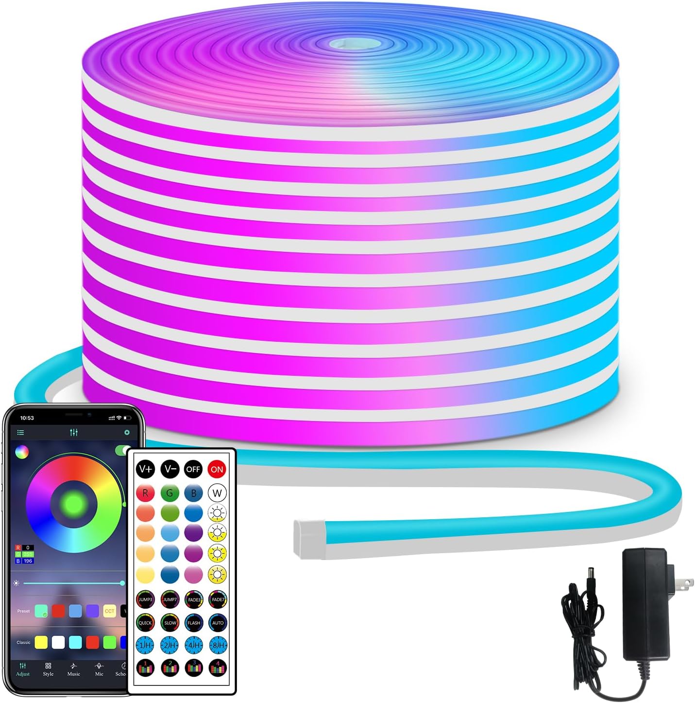 50ft RGB LED Neon Rope Lights with Remote & APP Control - Waterproof Flexible Strip for Bedroom & Outdoor Décor
