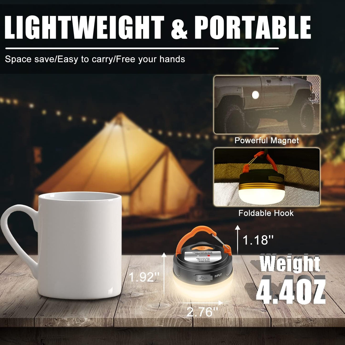 XTAUTO Rechargeable LED Camping Lantern - Portable 360° Illumination, Waterproof, 3 Lighting Modes | 1800mAh, 2-Pack