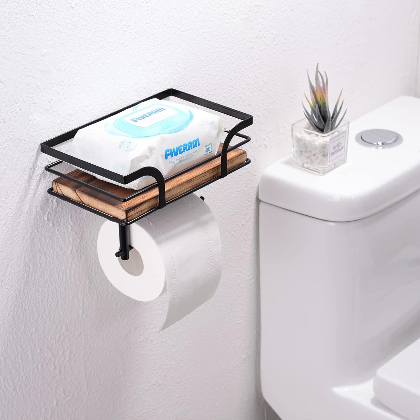 Rustic Farmhouse Toilet Paper Holder - Stylish Shelf for Wipes & Phone | Warm Brown Wood & Black Metal