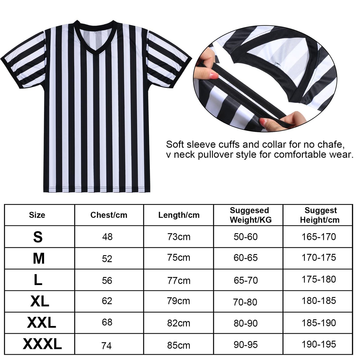 SATINIOR Referee Shirt Official Uniform Black and White Stripe V-Neck Soccer Jersey for Women Men Referee Shirt and Stainless Steel Whistle with Lanyard for Halloween Basketball Football Soccer(XXXL)