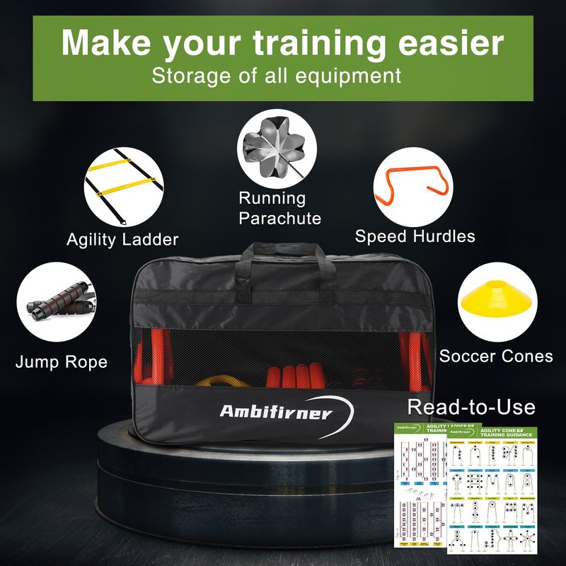 Ambifirner Agility Ladder Training Equipment Set - Agility Ladder(12 Rungs/20ft), 4 Speed Hurdles, 12 Training Cones, Jump Rope, Parachute for Speed/Soccer/Football Training with Carry Bag