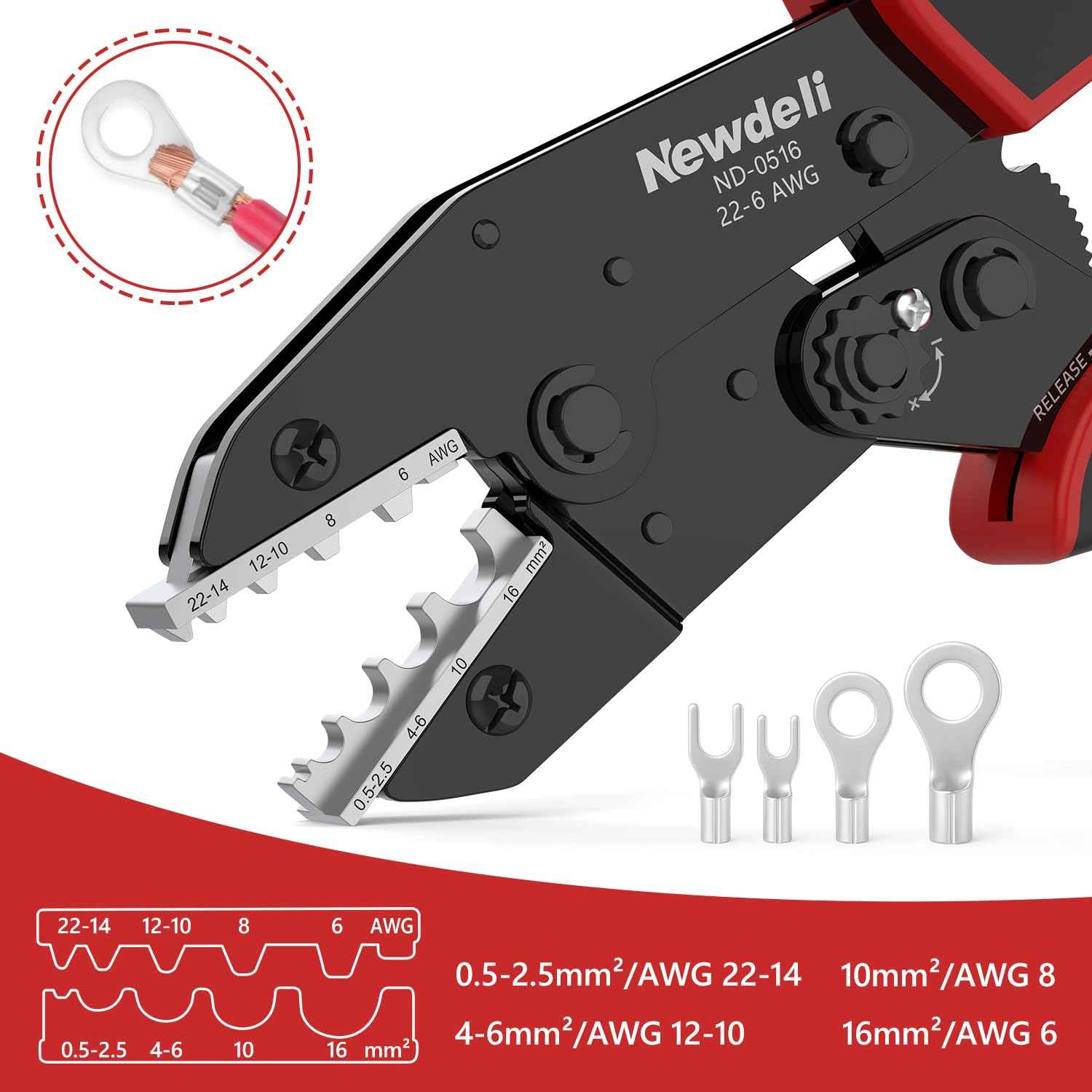 Newdeli Wire Crimping Tool for Non Insulated Butt Wire Connectors - AWG 22-6 Ratchet Wire Crimper Tool Electrical Non Insulated Ring Terminals Ratcheting Crimping Plier Crimp Tool