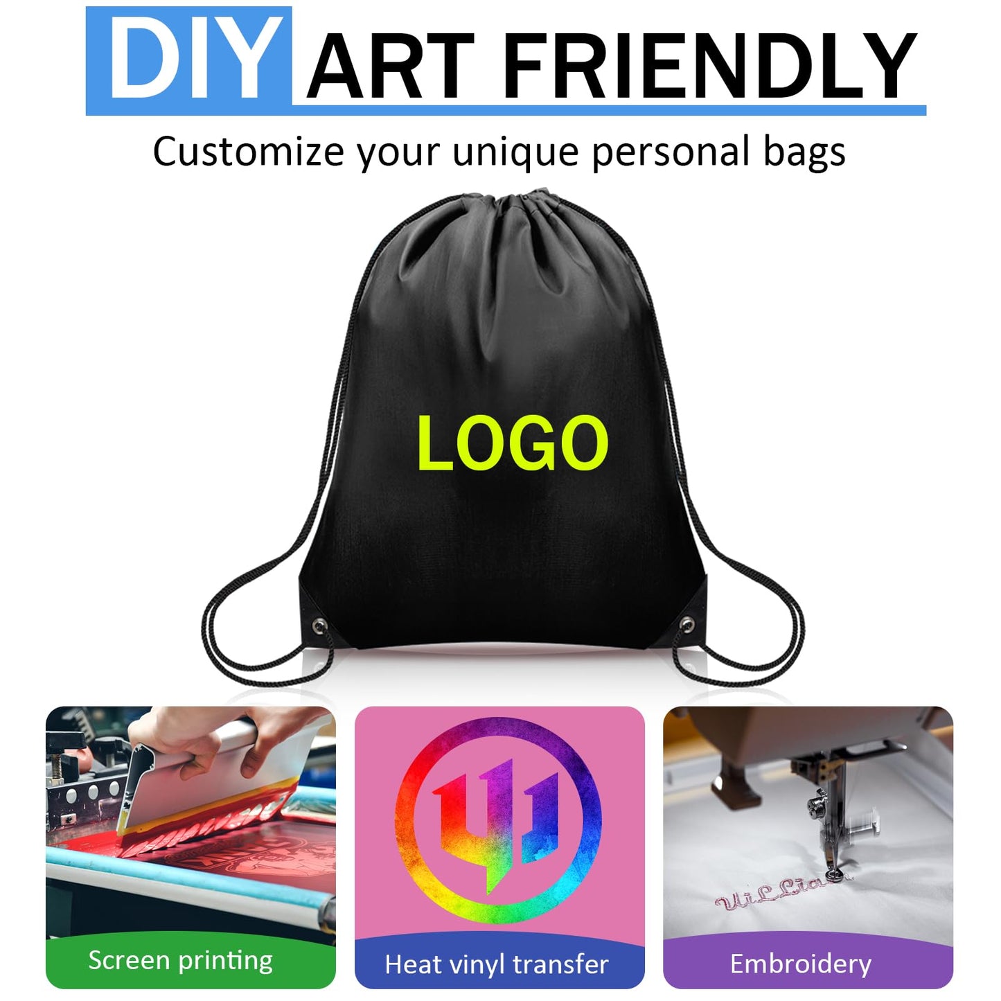 Grneric 4Pcs Drawstring Bags Bulk, Drawstring Backpack Polyester String Bag Cinch Bag for Gym Yoga Sports Party Short Trip （Black&White）