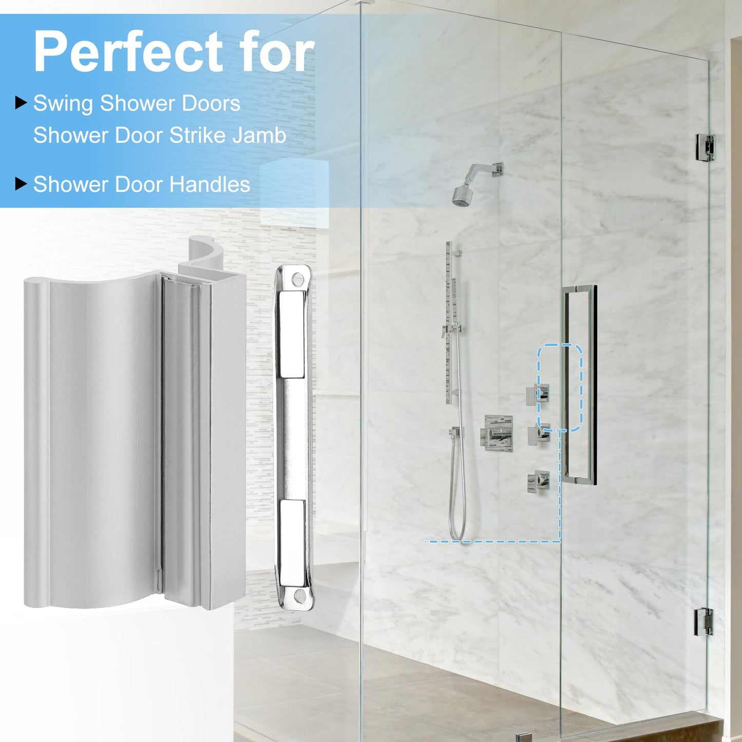 VYH 3" Aluminum Frameless Shower Door Handle with Metal Strike, Stainless Steel U-Channel with Magnet for Swing Glass Door Thickness 1/8",5/32",3/16," and 1/4", Shower Door Replacement