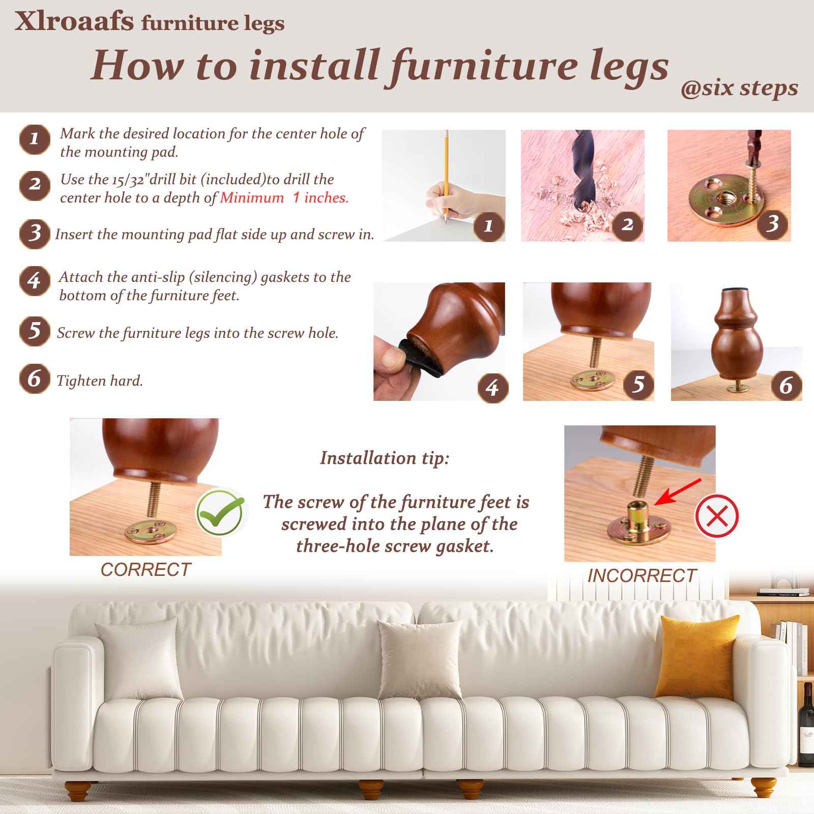 Xlroaafs 2 Inch Short Wood Legs for Furniture Set of 4,Wooden Furniture Couch & Sofa & Bench Legs Replacement Bed Support Frame Foot(Walnut Color)