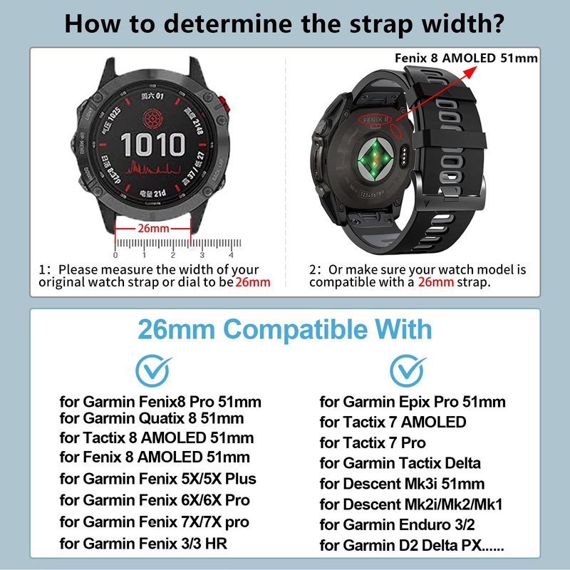 ZPJPPLX 26mm Easy Fit Watch bands For Tactix 8/Fenix 8 7X Pro 6X 5X,Soft Silicone Sport Straps Compatible for Garmin Tactix8/7/Fenix 6X Pro/5X Plus/Enduro3 2/Descent Mk2i/3i Epix Pro quatix 8 51mm