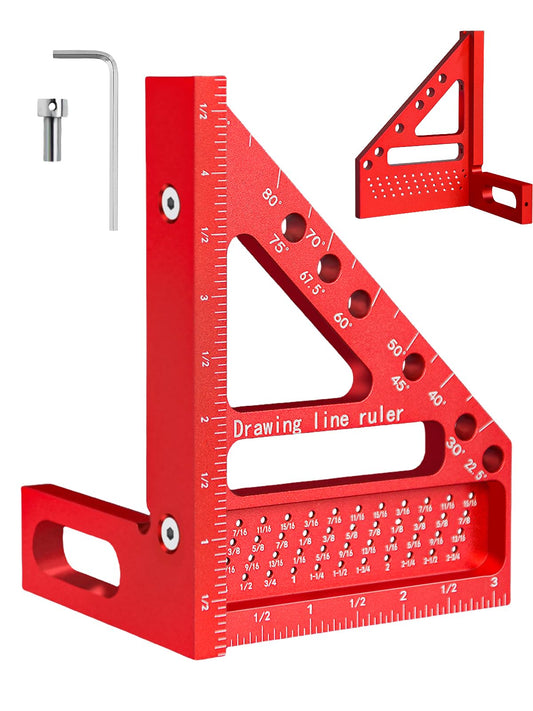 3D Multi-Angle Carpenter Square Aluminum Alloy Multi Hole Scribing Ruler High Precision Woodworking Tools for Engineer Carpenter Crafting (Red)