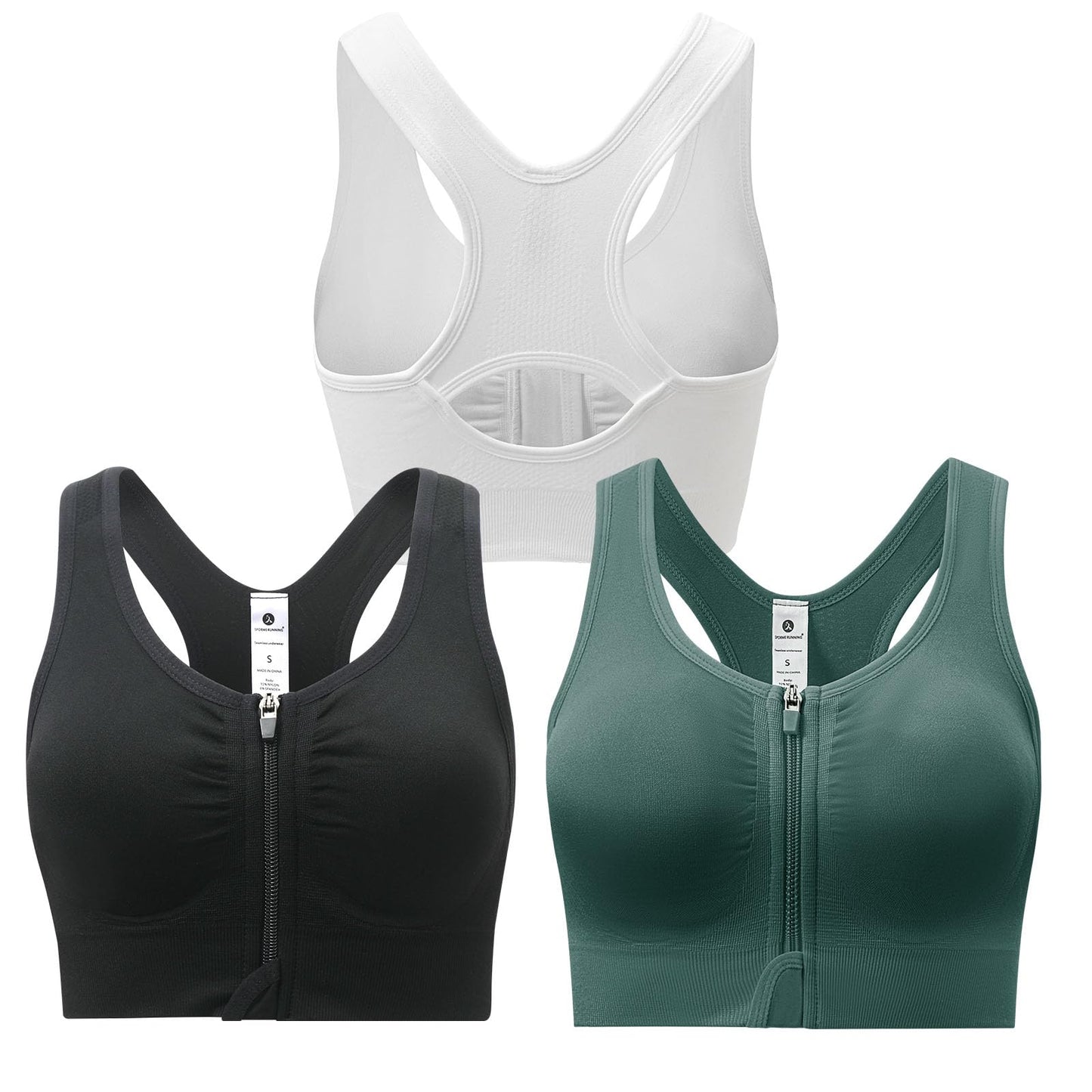 SPORME RUNNING Zip Front Sports Bra for Women - Medium Support Racerback Workout Bra with Removable Pads & Double Hooks（3PACKS