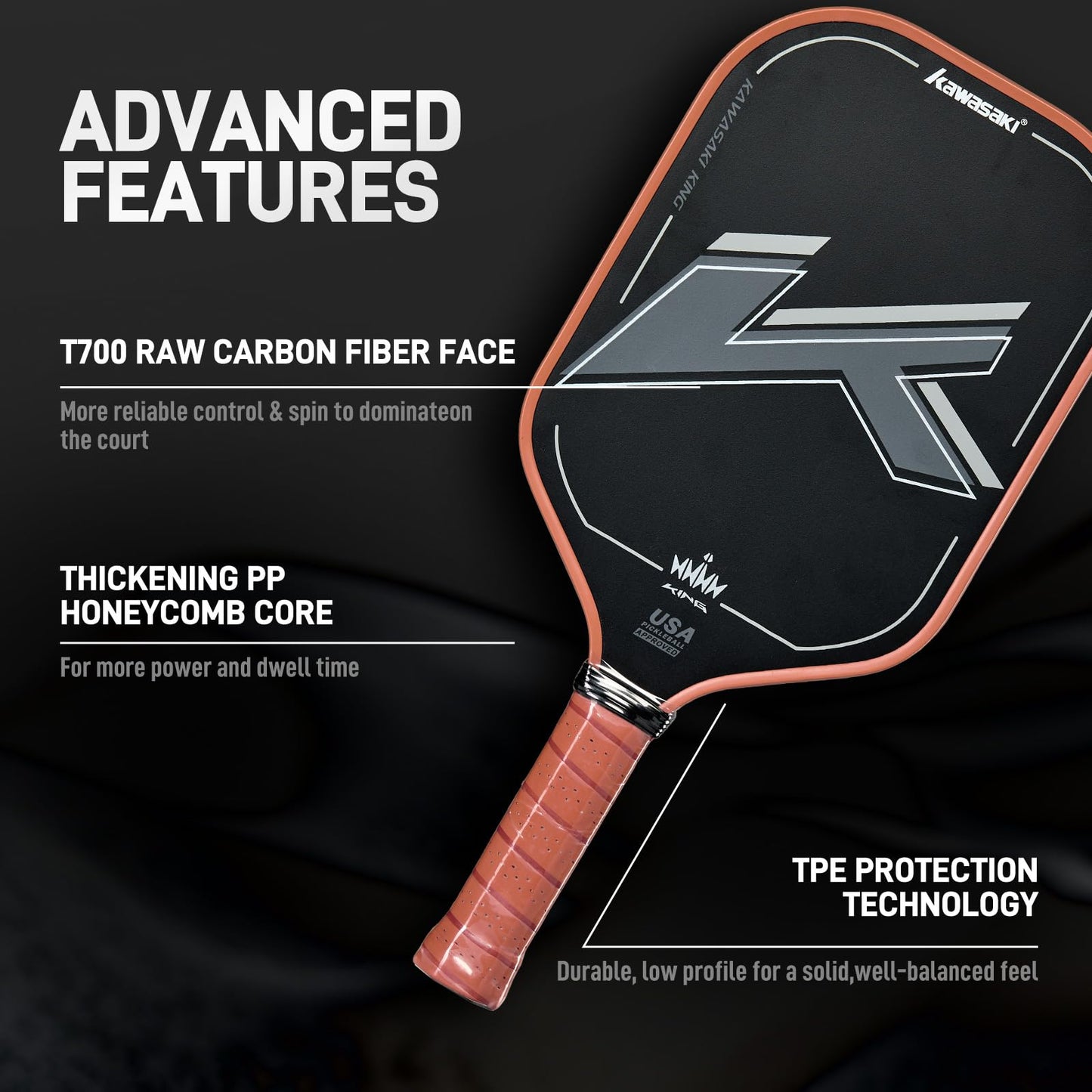 Pickleball Paddle, Kawasaki T700 Carbon Fiber (CFS)-USAPA Approved King Series Pickleball Racket 16mm for Tournament Level, with Cover Case/Grip (Black/RED)
