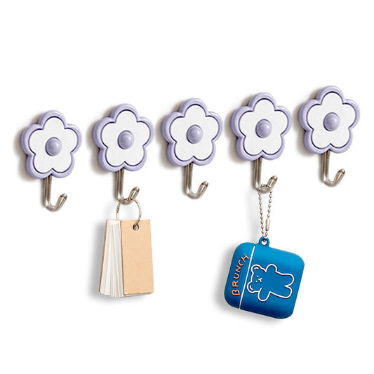 Ristpal [5 Pack] Cute Floret Utility Hooks Heavy Duty Up to 5 Pounds, Waterproof and Oil Proof. Hanging Key. Stick On Wall Kitchen Bathroom Ceiling Or Office Windows Hangers (Purple), FH03