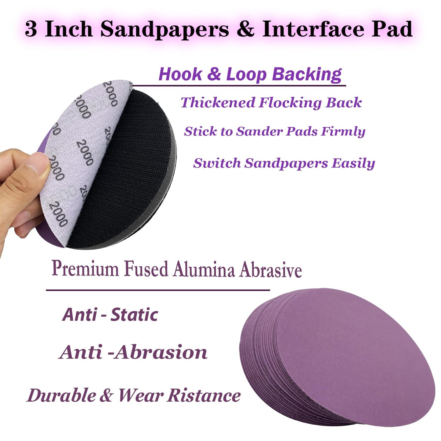 3 Inch 2000 Grit Wet Dry Sandpaper, 50pcs Sanding Disc, Hook and Loop Premium Aluminum Oxide Sand Paper for Metal, Wood, Auto
