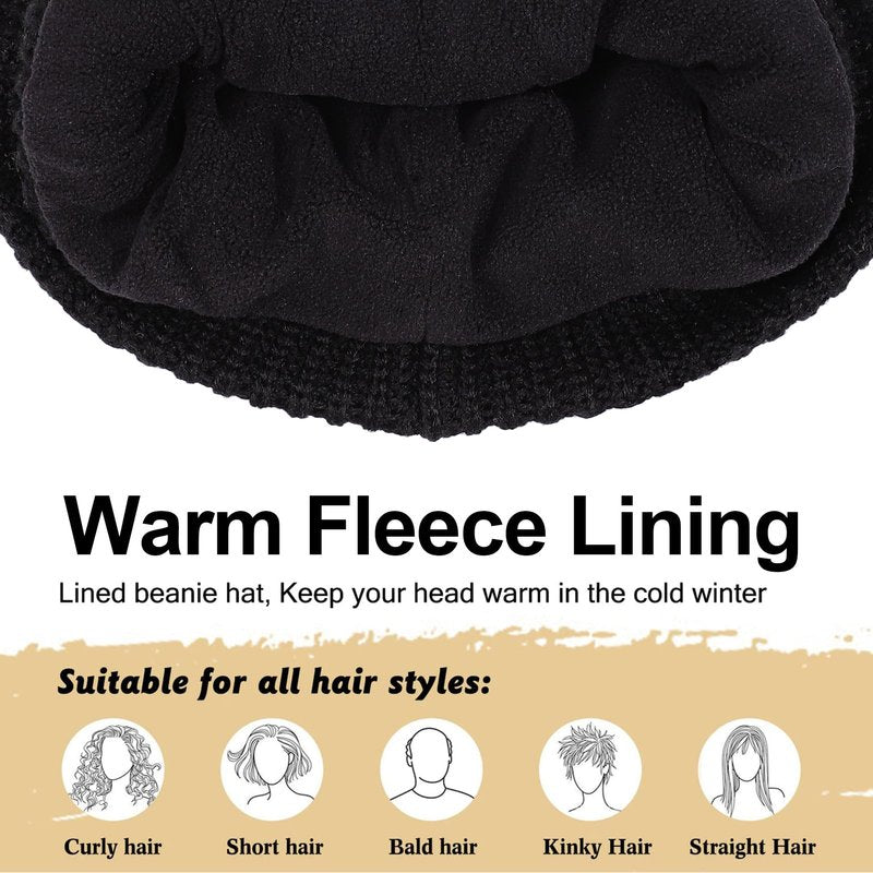 Men Women Merino Wool Beanie Hat Fleece Lined Ski Cap for Cold Weather & Large Heads(Black,XXL)